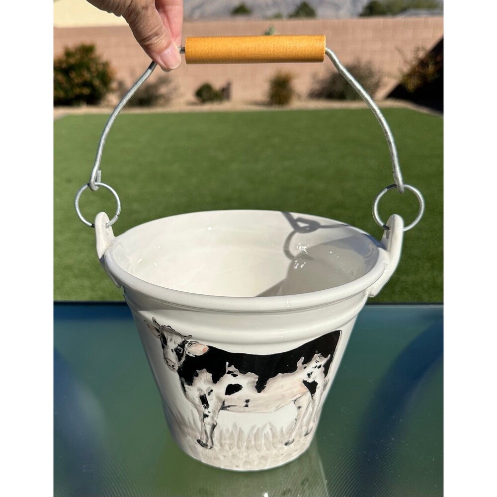 Cream CERAMIC BUCKET w/ Handle 2 Cows Designs on Front & Back Happy Cow MAXCERA